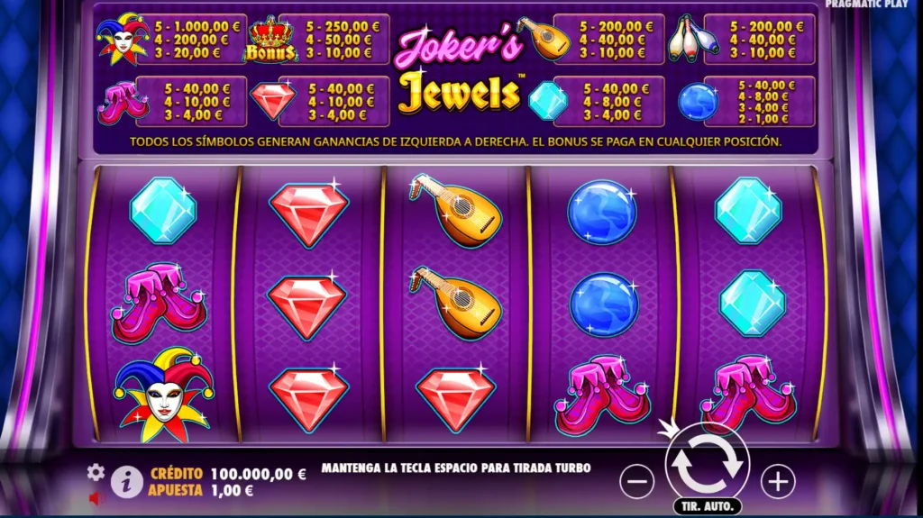 Símbolos y valores de pago en el juego Joker’s Jewels para jugadores de Argentina.